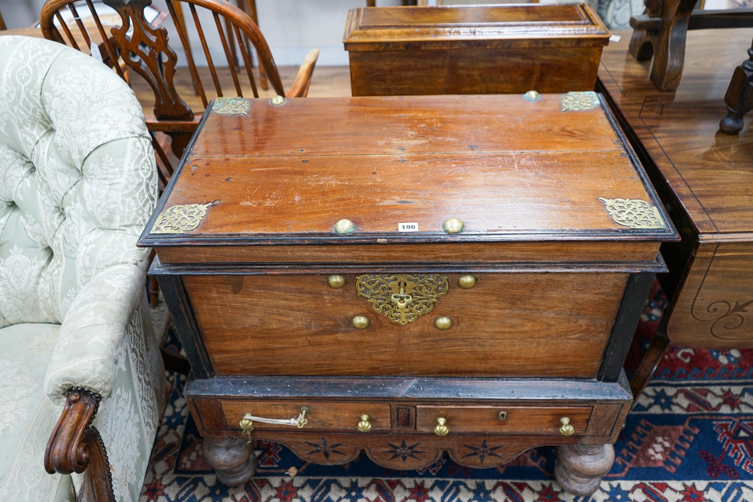 An Indonesian brass mounted hardwood coffer, length 88cm, depth 50cm, height 80cm